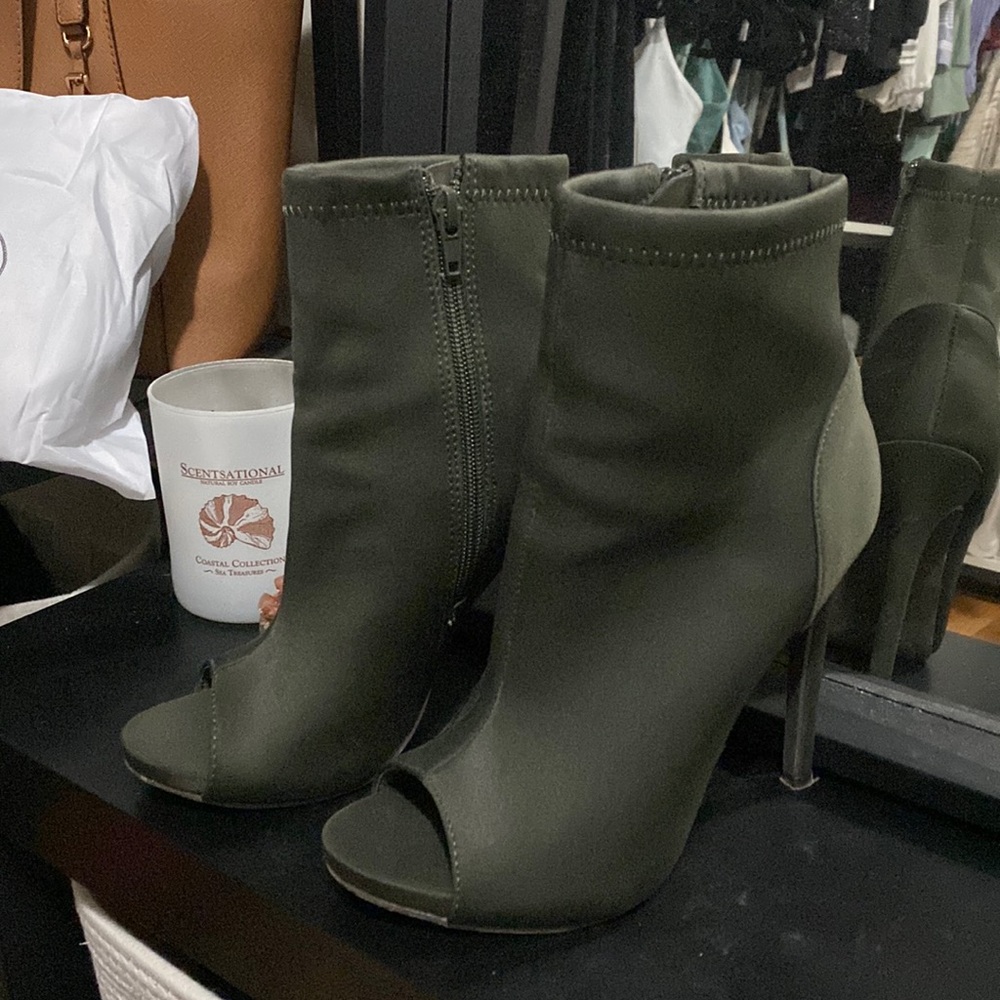 Olive nylon stiletto peep toe bootie